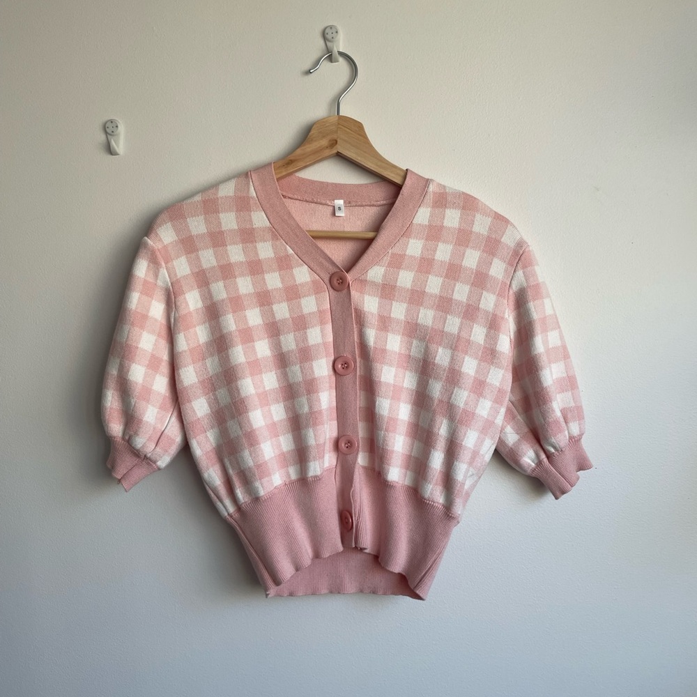 JING official gingham pink short sleeve sweater